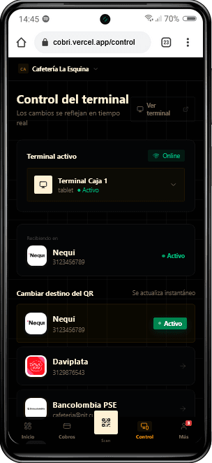 App móvil Cobri — control del terminal