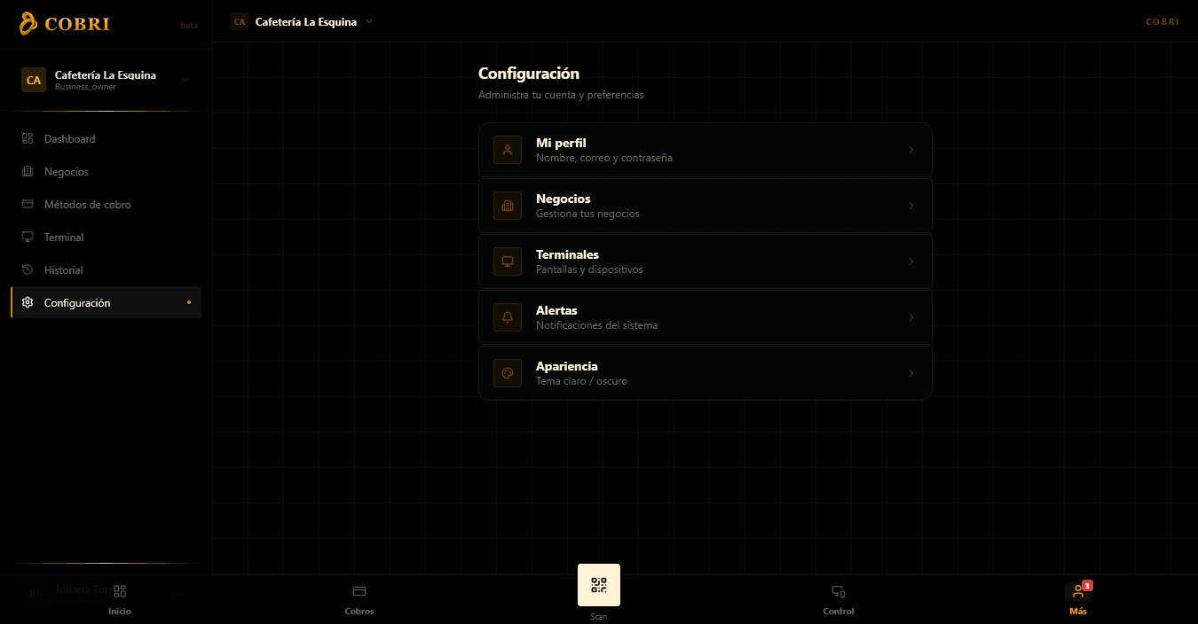 Configuración de métodos de cobro en Cobri