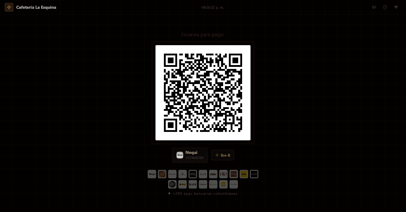 Terminal Cobri activa mostrando QR Bre-B